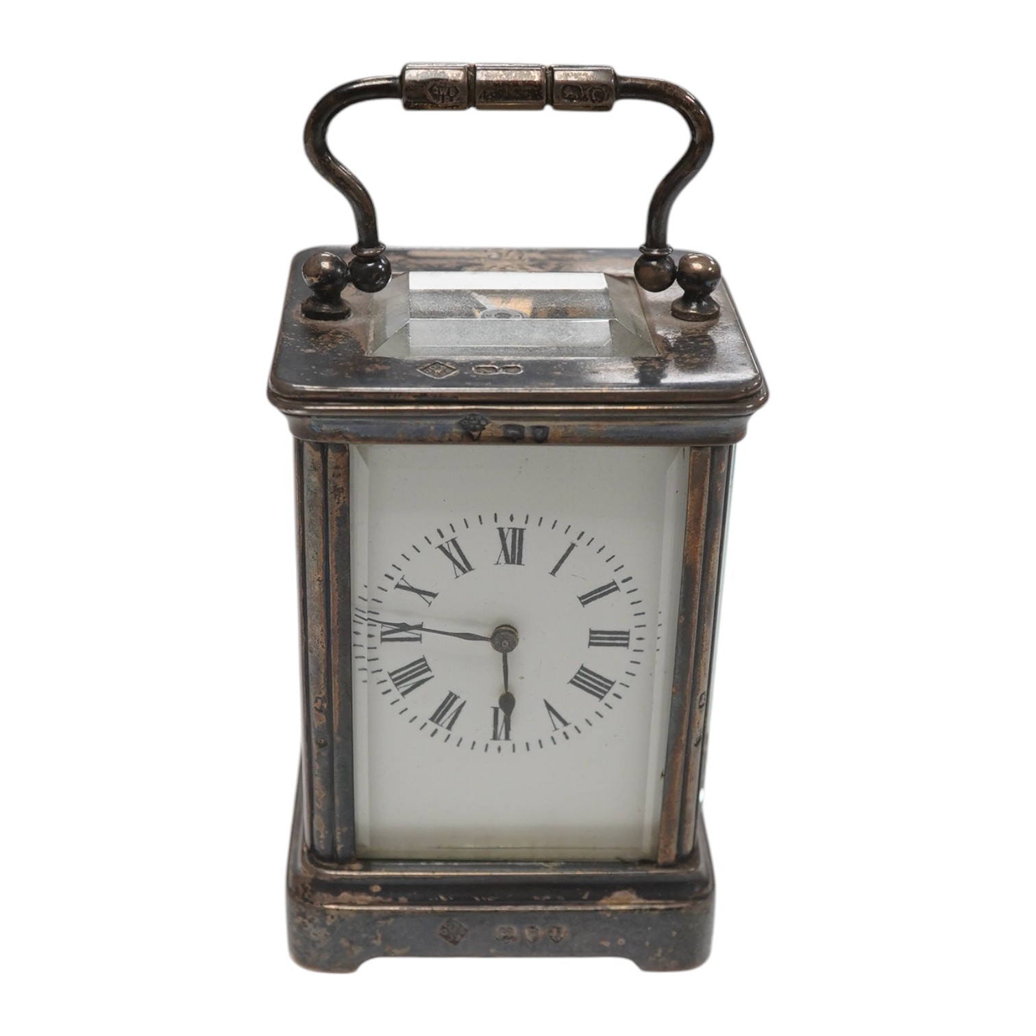 A late Victorian silver mounted miniature carriage timepiece, George Betjemann & Sons, London, 1890, 75mm excluding handle. Condition - poor